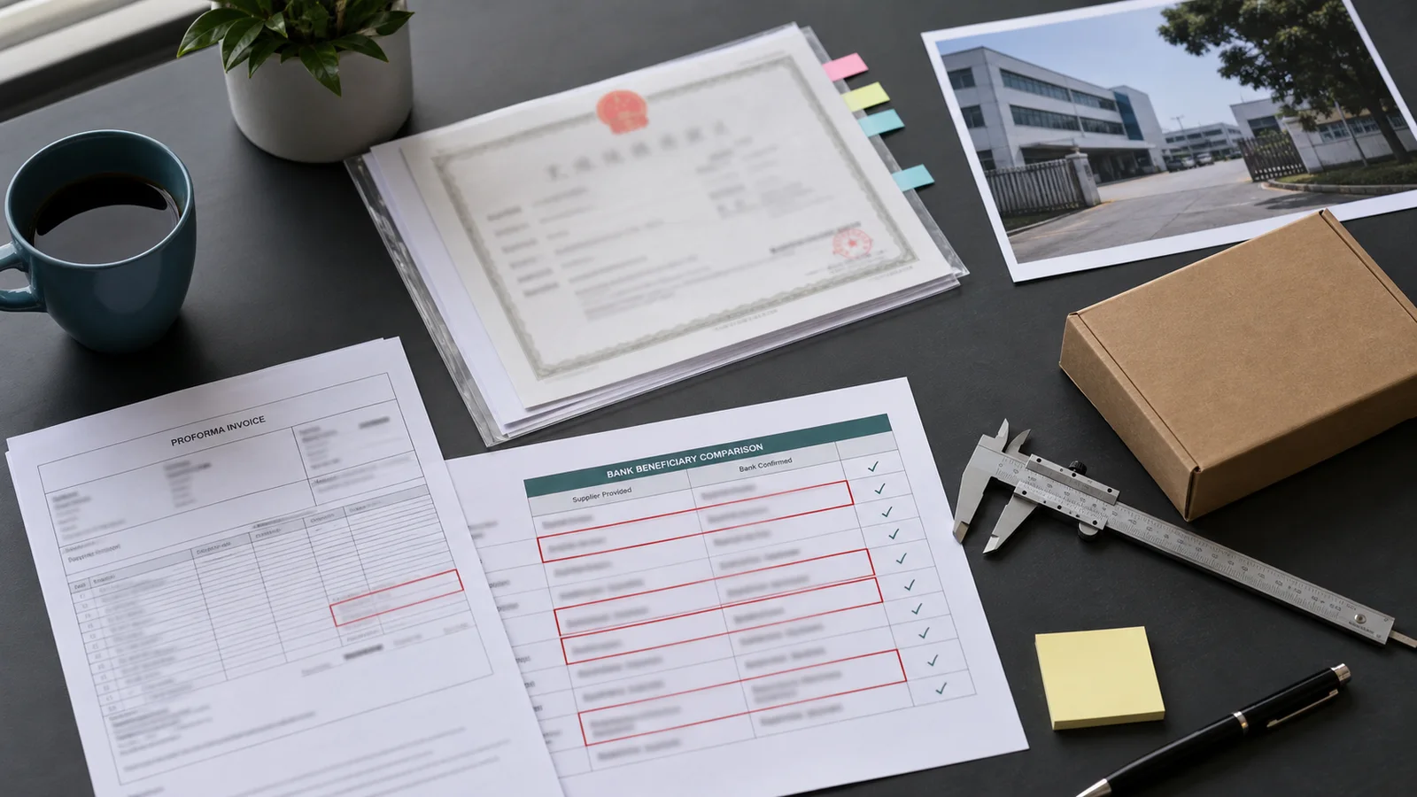 Buyer review desk comparing a supplier business record, invoice, factory photo, and bank beneficiary details